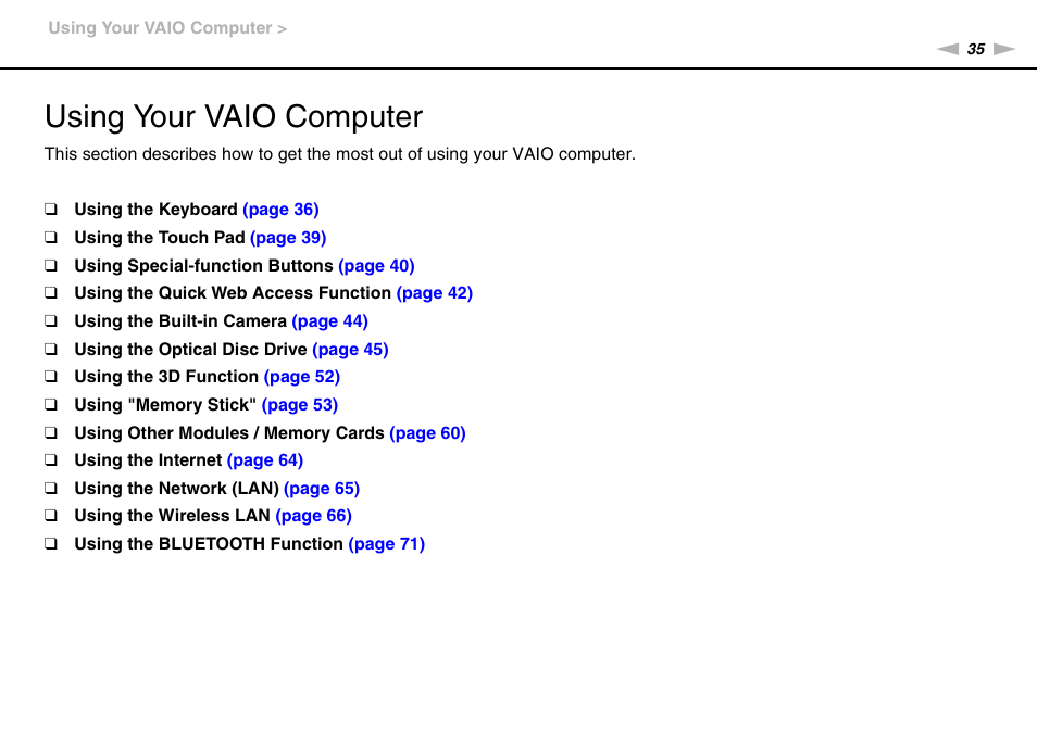 Using your vaio computer | Sony VPCF237FX User Manual | Page 35 / 176