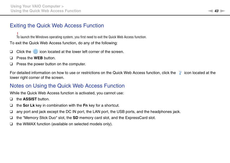 Exiting the quick web access function | Sony VPCF237FX User Manual | Page 43 / 176