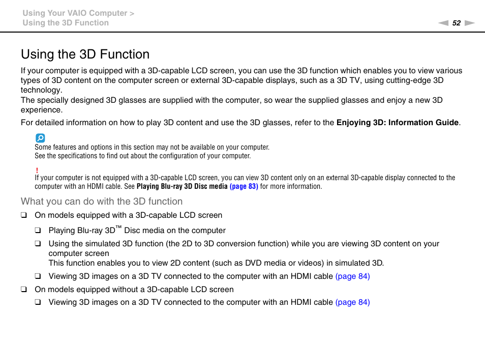 Using the 3d function, What you can do with the 3d function | Sony VPCF237FX User Manual | Page 52 / 176