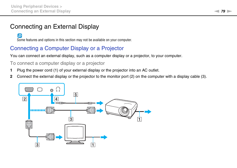 Connecting an external display, Connecting a computer display or a projector | Sony VPCF237FX User Manual | Page 79 / 176