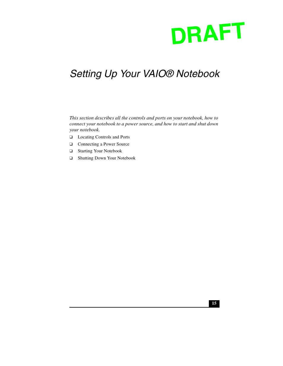 Setting up your vaio® notebook, Draft | Sony PCG-GR390P User Manual | Page 15 / 68