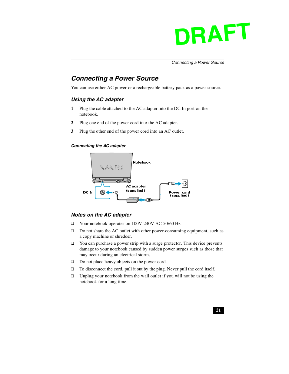 Connecting a power source, Draft | Sony PCG-GR390P User Manual | Page 21 / 68