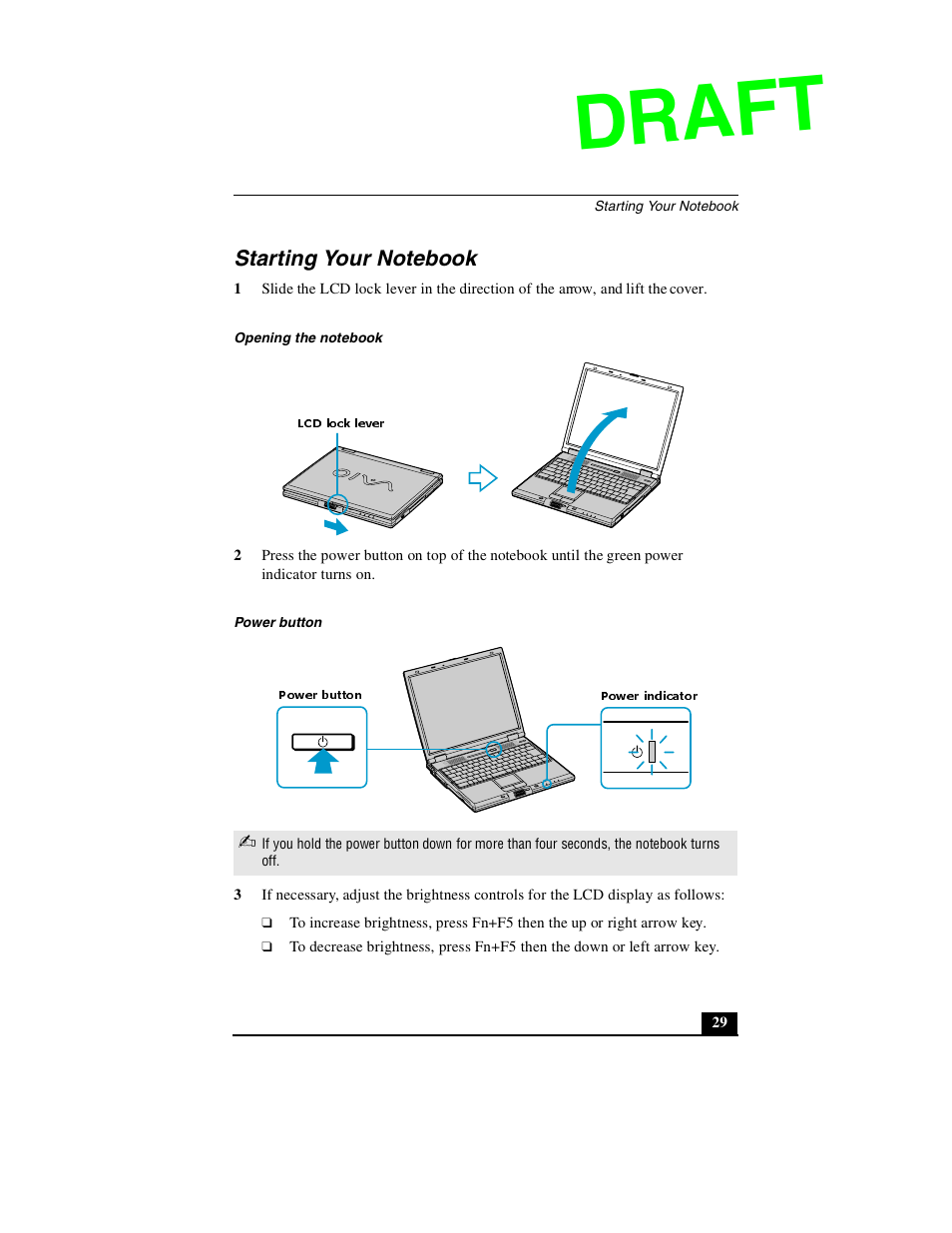 Starting your notebook, Draft | Sony PCG-GR390P User Manual | Page 29 / 68