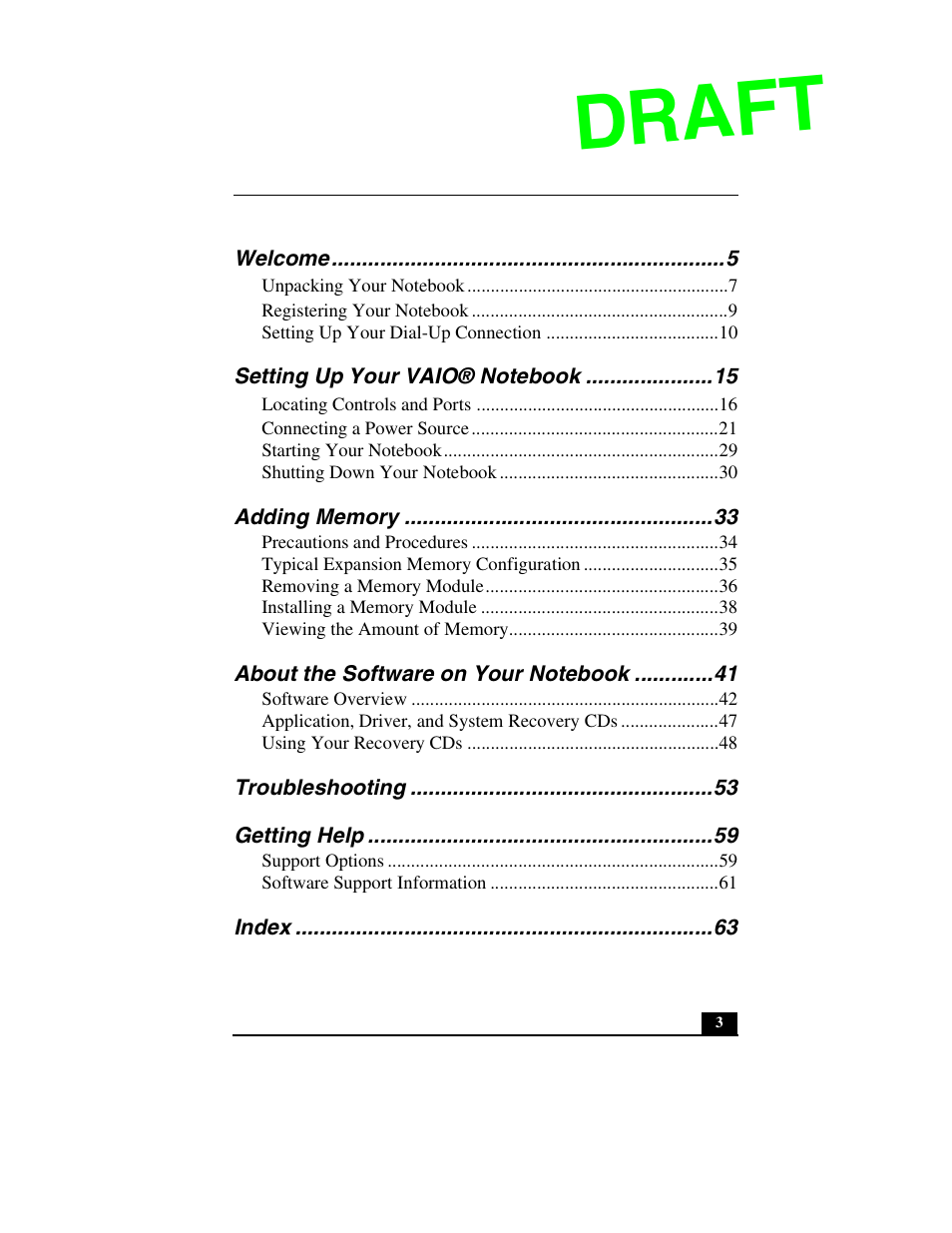 Draft | Sony PCG-GR390P User Manual | Page 3 / 68