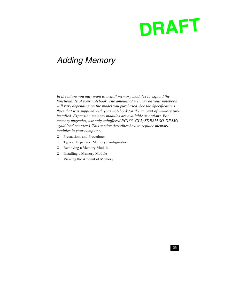 Adding memory, Draft | Sony PCG-GR390P User Manual | Page 33 / 68