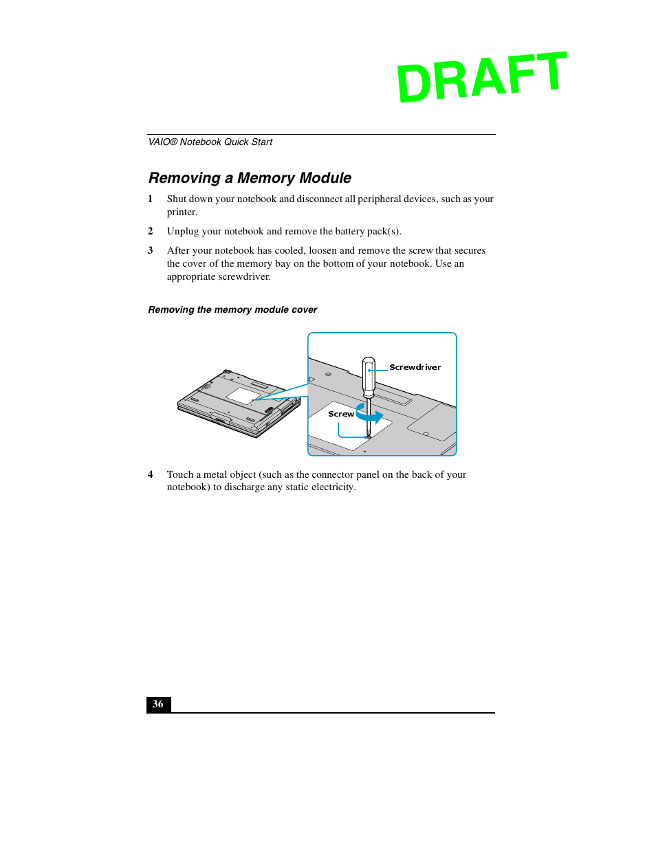 Removing a memory module, Draft | Sony PCG-GR390P User Manual | Page 36 / 68