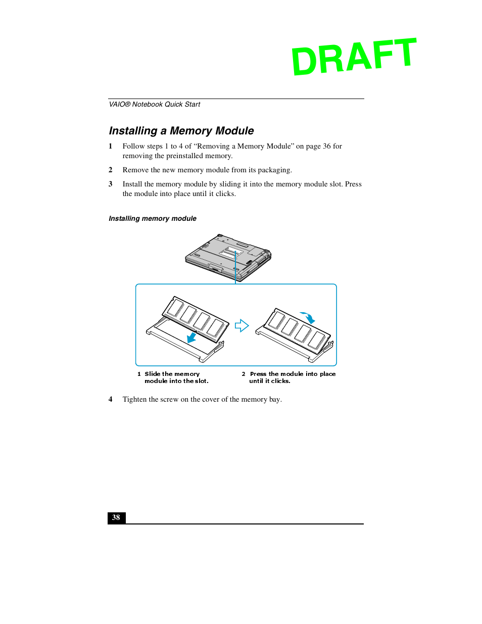 Installing a memory module, Draft | Sony PCG-GR390P User Manual | Page 38 / 68