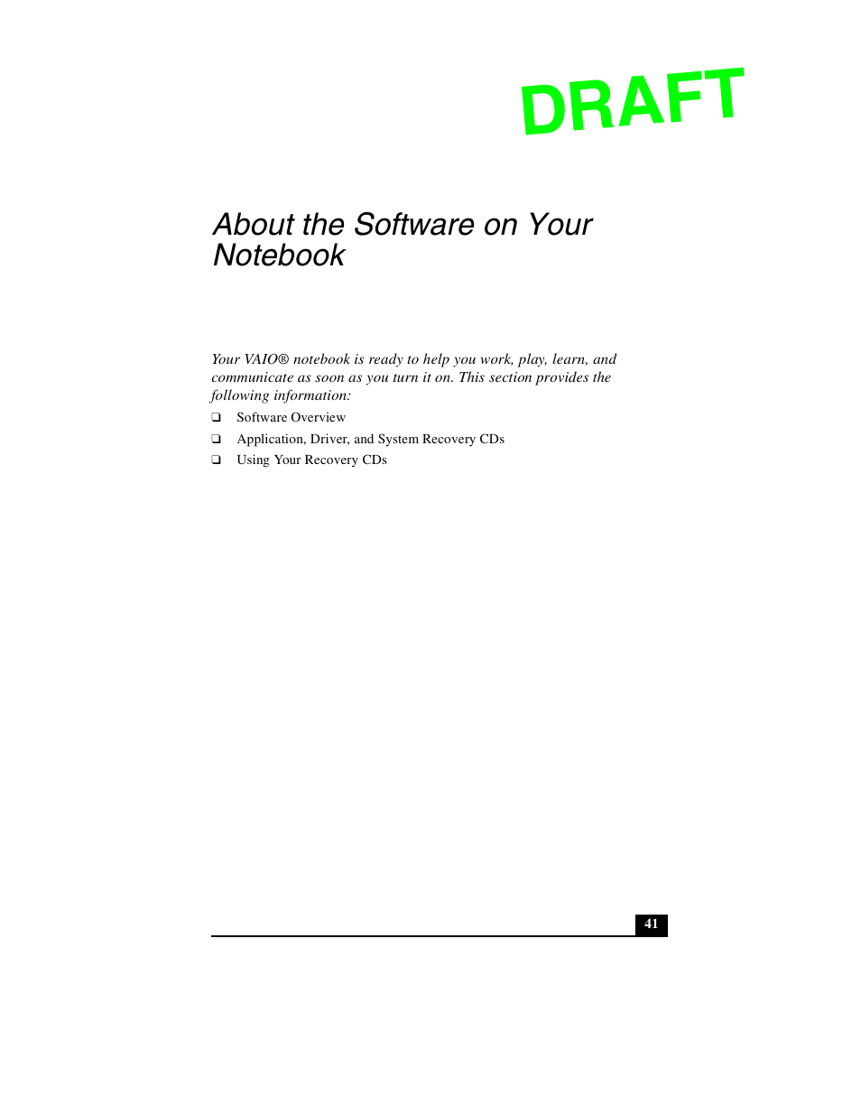 About the software on your notebook, Draft | Sony PCG-GR390P User Manual | Page 41 / 68