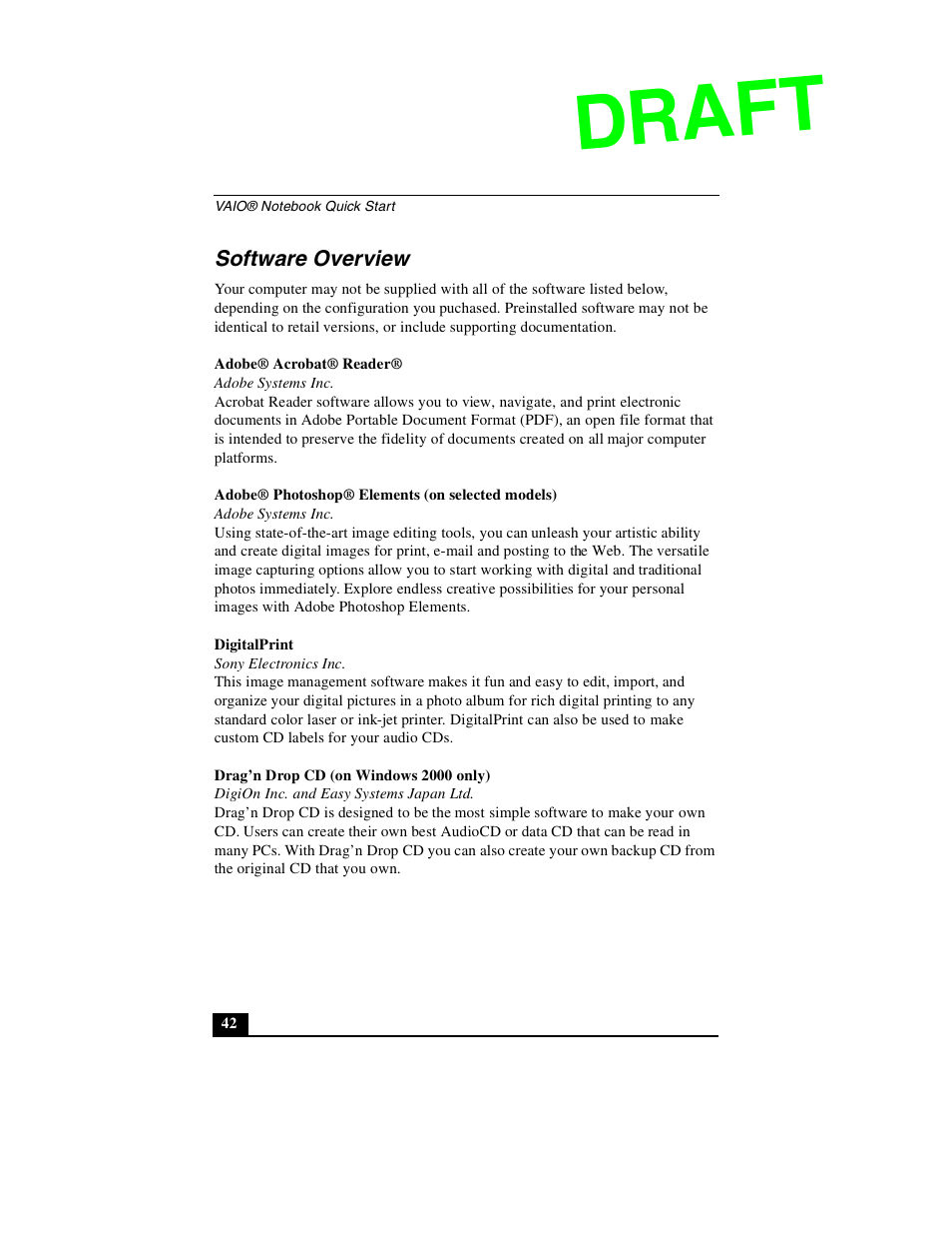 Software overview, Draft | Sony PCG-GR390P User Manual | Page 42 / 68