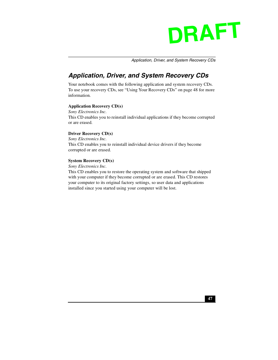 Application, driver, and system recovery cds, Draft | Sony PCG-GR390P User Manual | Page 47 / 68