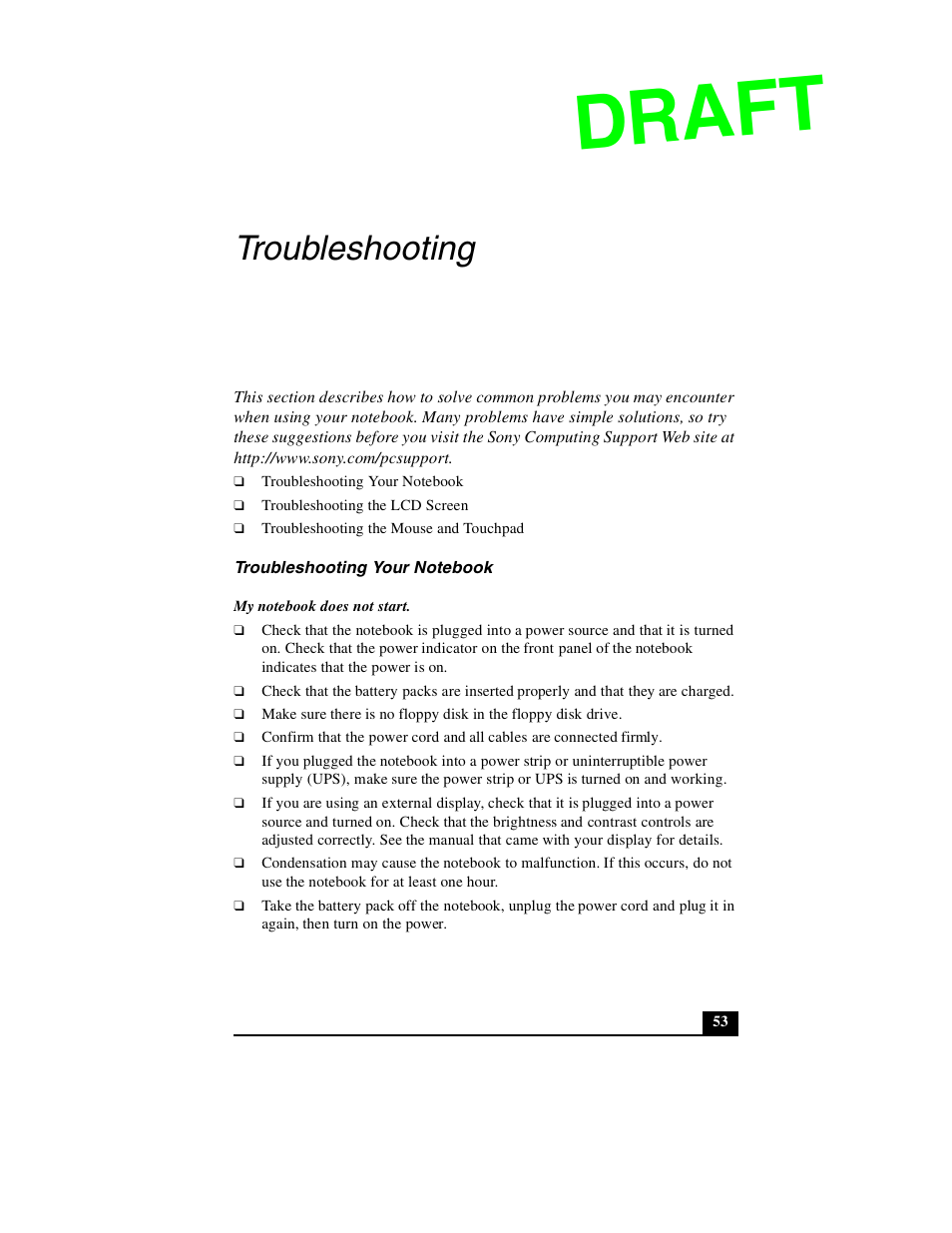 Troubleshooting, Draft | Sony PCG-GR390P User Manual | Page 53 / 68