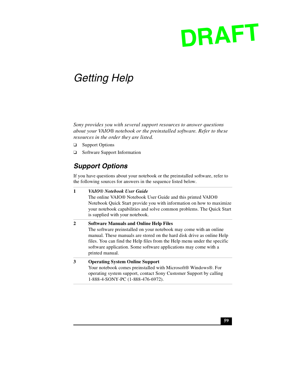 Getting help, Support options, Draft | Sony PCG-GR390P User Manual | Page 59 / 68