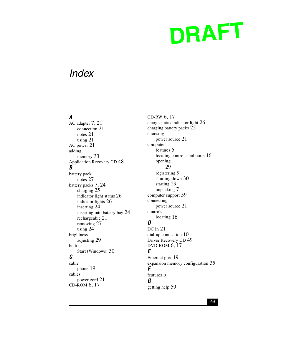 Index, Draft | Sony PCG-GR390P User Manual | Page 63 / 68