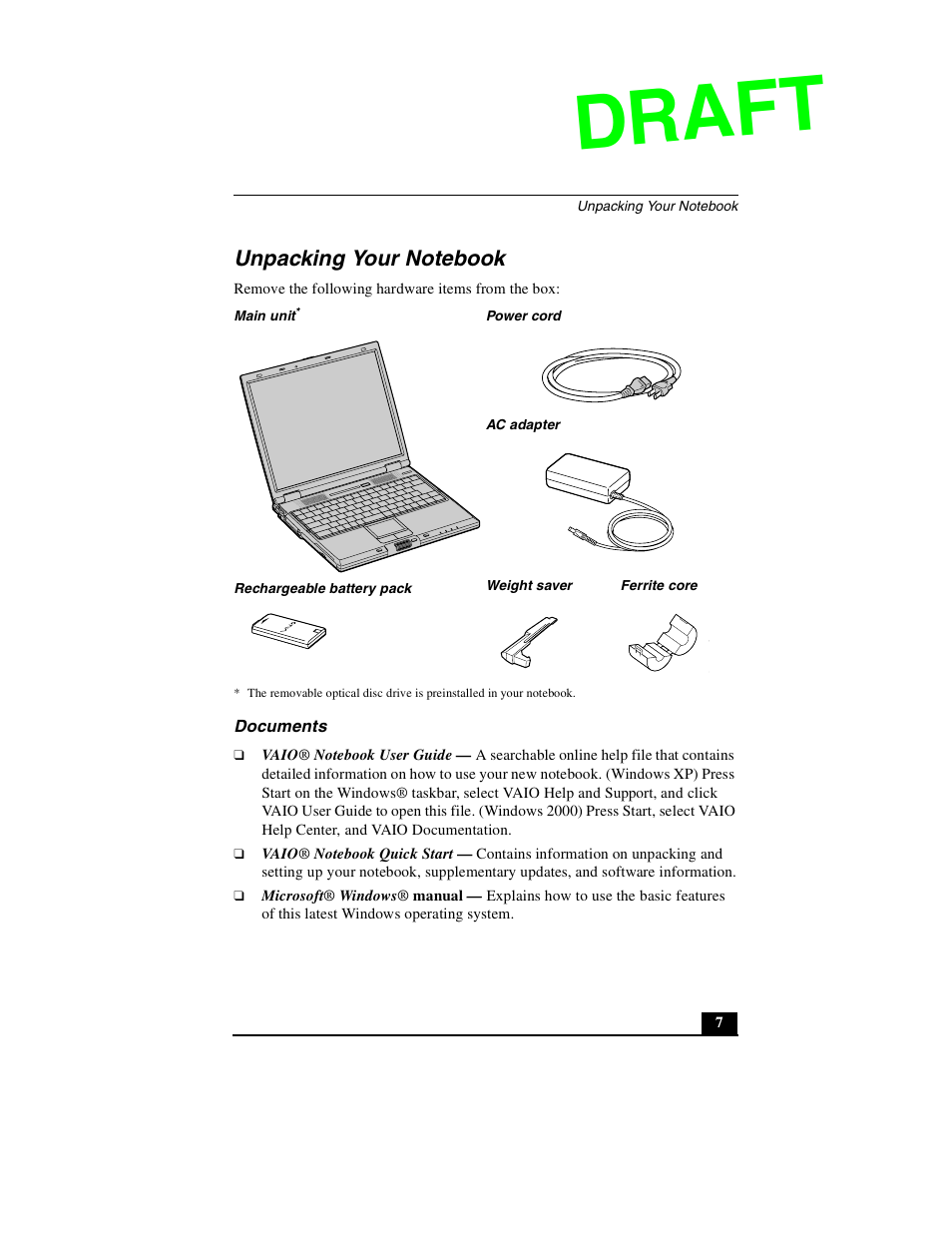 Unpacking your, Draft | Sony PCG-GR390P User Manual | Page 7 / 68