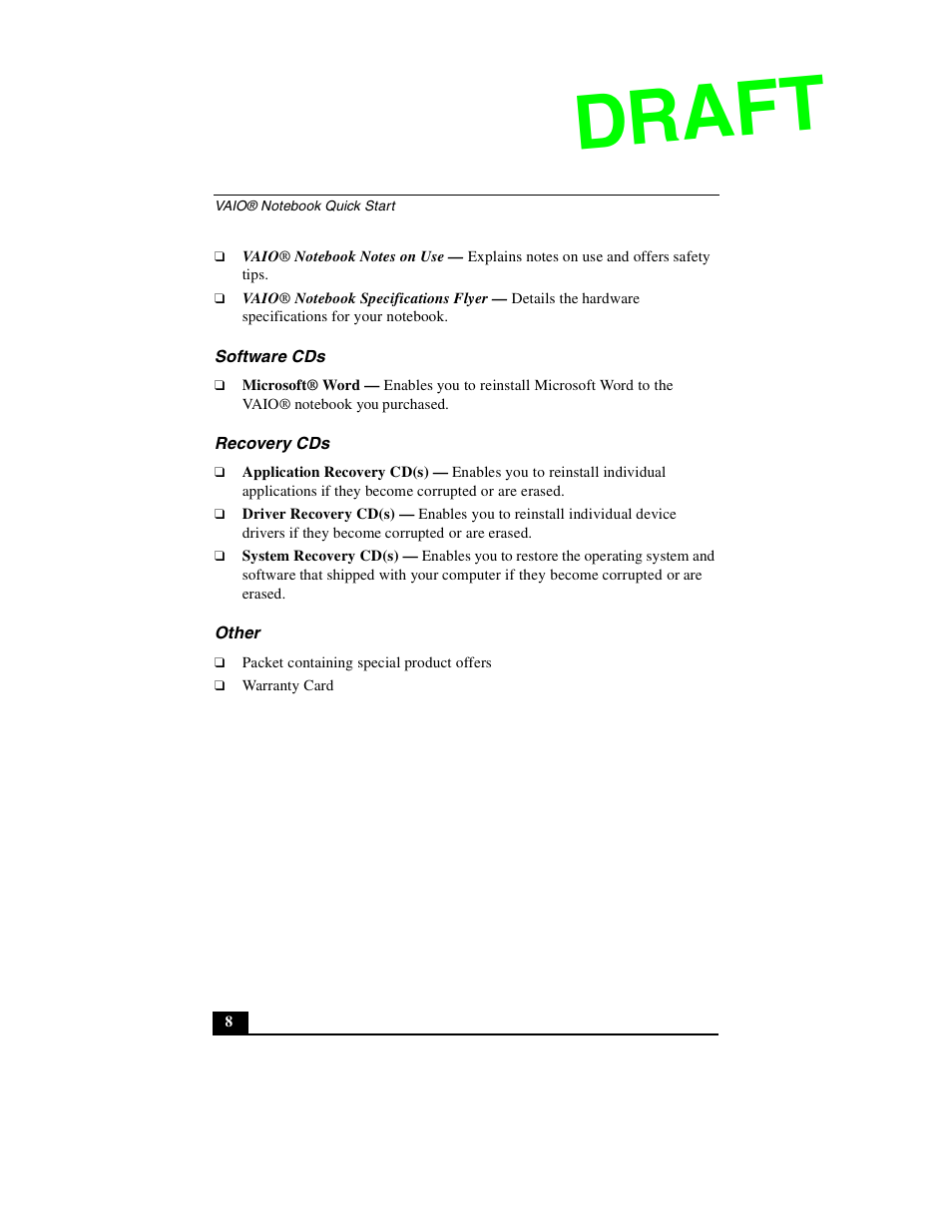 Draft | Sony PCG-GR390P User Manual | Page 8 / 68