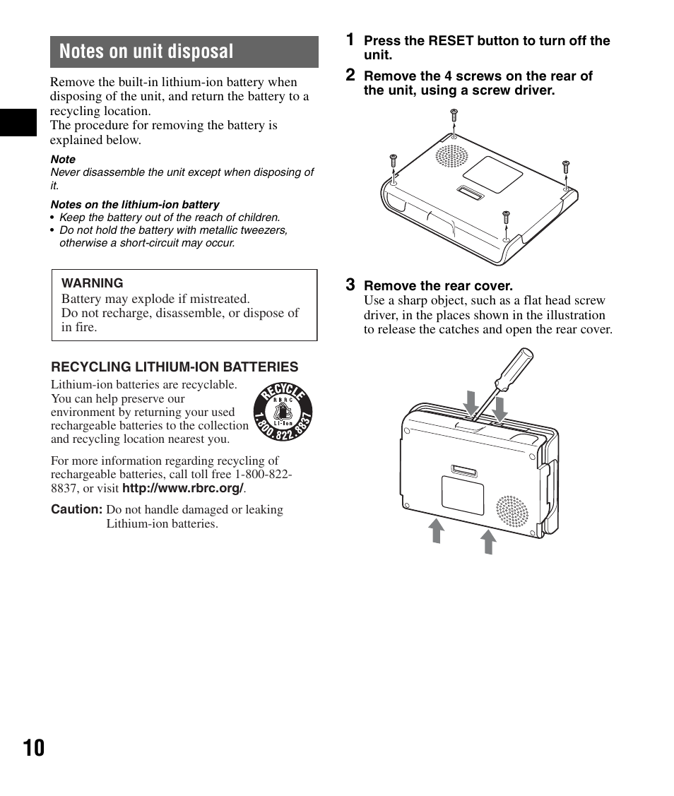 Notes on unit disposal | Sony NV-U44 User Manual | Page 10 / 44