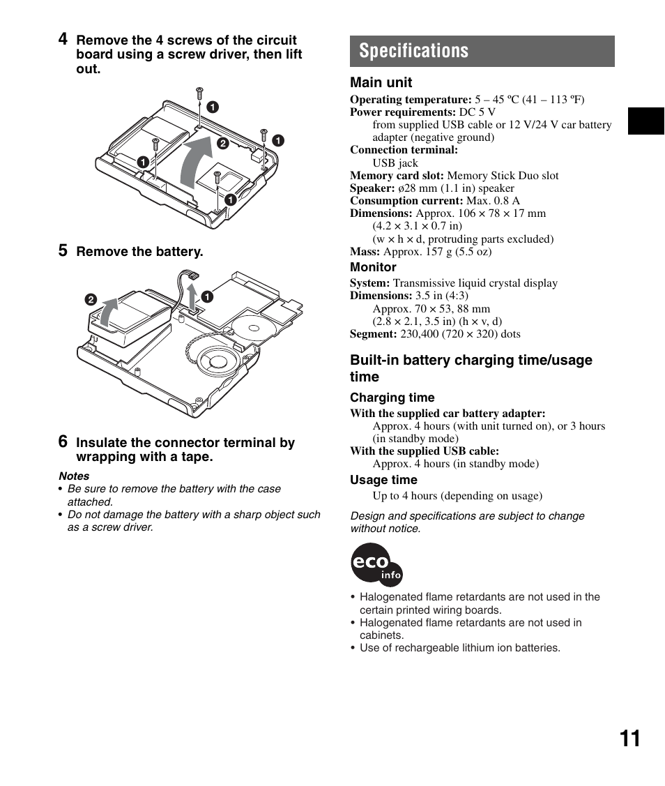 Specifications | Sony NV-U44 User Manual | Page 11 / 44