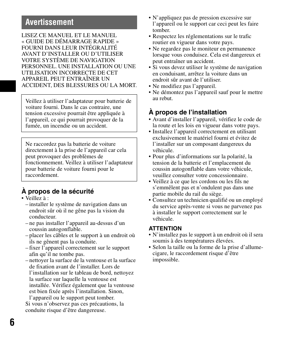 Avertissement | Sony NV-U44 User Manual | Page 18 / 44