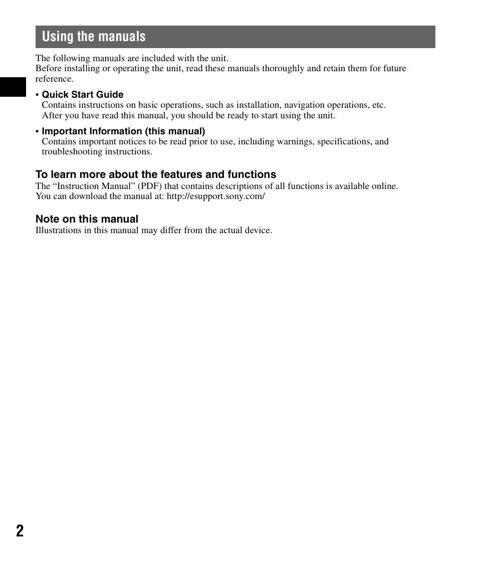 Using the manuals | Sony NV-U44 User Manual | Page 2 / 44