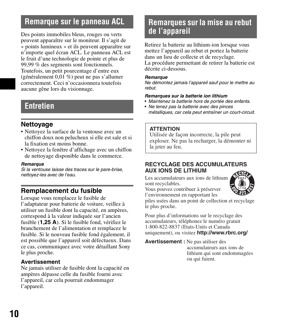 Remarque sur le panneau acl, Entretien, Nettoyage | Remplacement du fusible, Remarques sur la mise au rebut de l’appareil, Nettoyage remplacement du fusible | Sony NV-U44 User Manual | Page 22 / 44