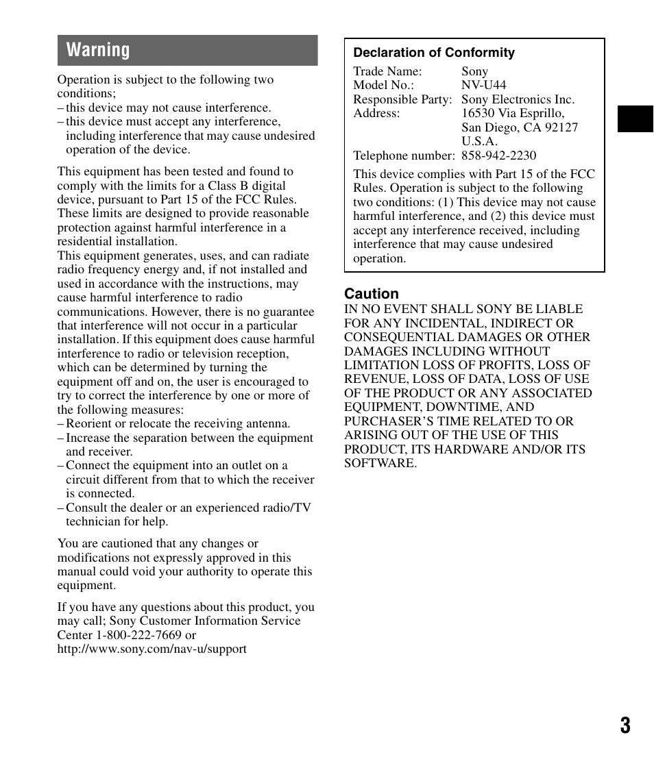 Warning | Sony NV-U44 User Manual | Page 3 / 44