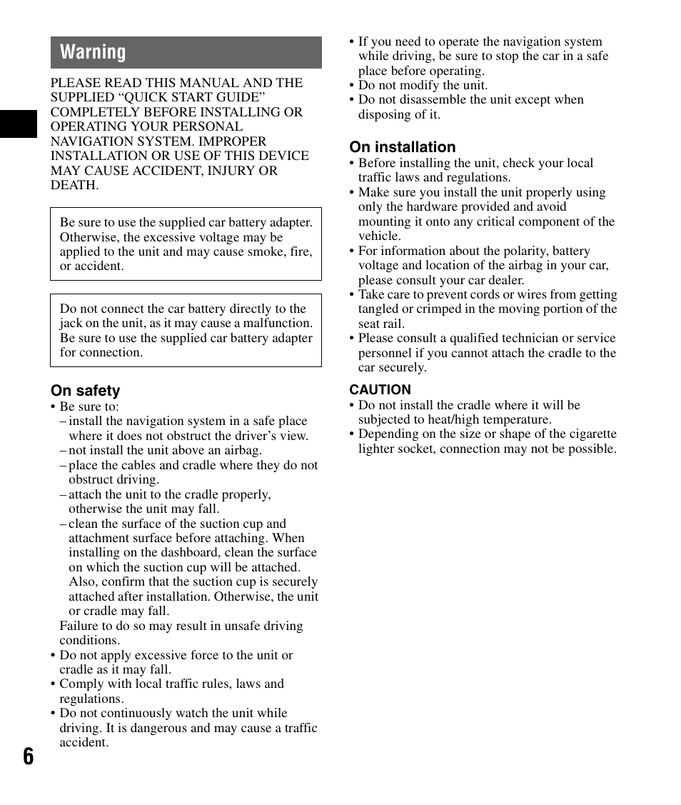 Warning | Sony NV-U44 User Manual | Page 6 / 44