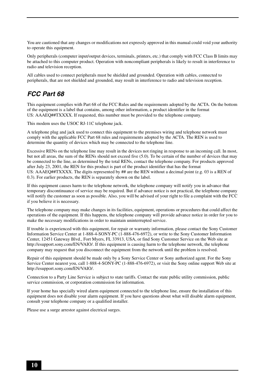 Fcc part 68 | Sony VGN-AR670N User Manual | Page 10 / 24