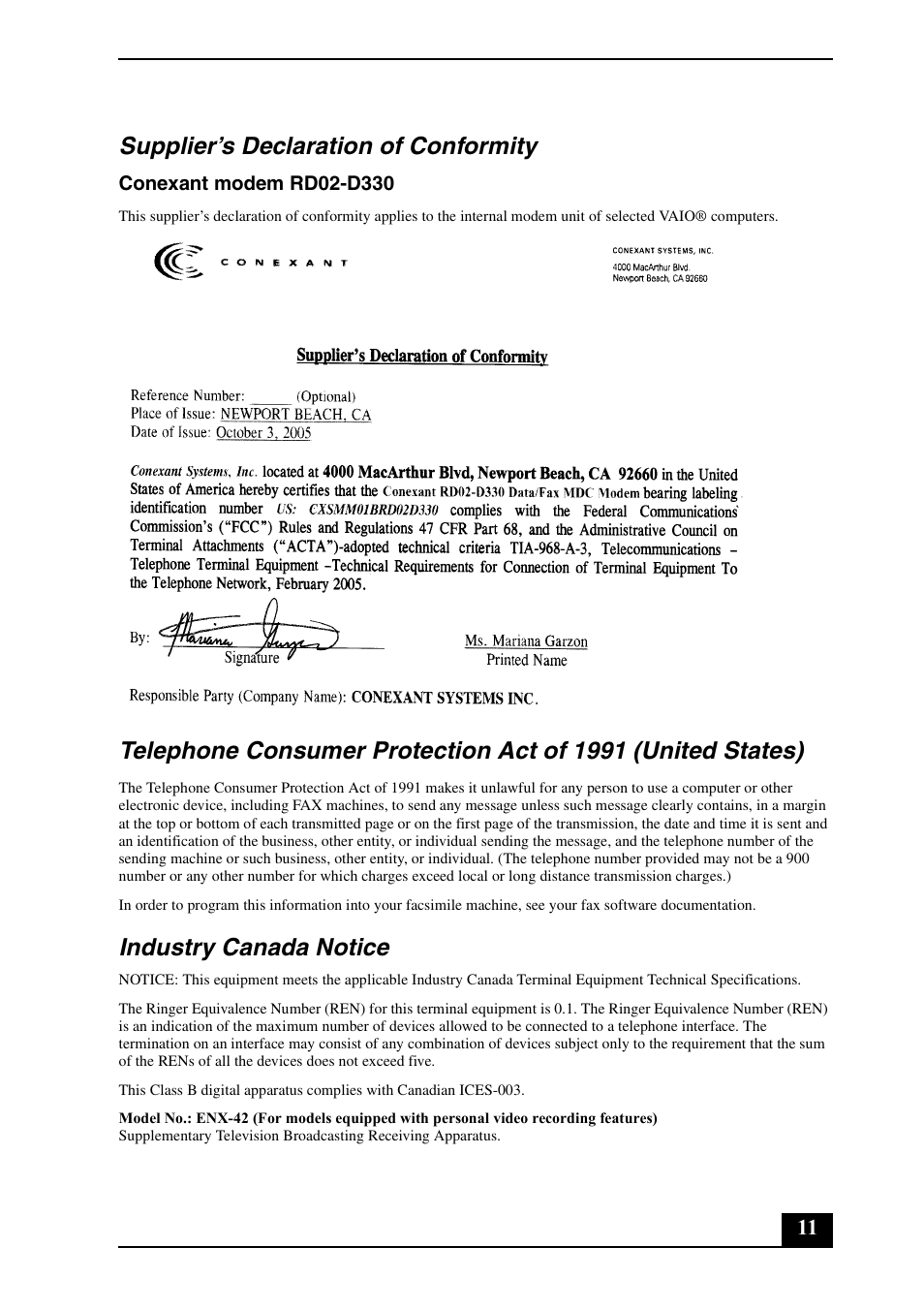 Supplier’s declaration of conformity, Industry canada notice | Sony VGN-AR670N User Manual | Page 11 / 24