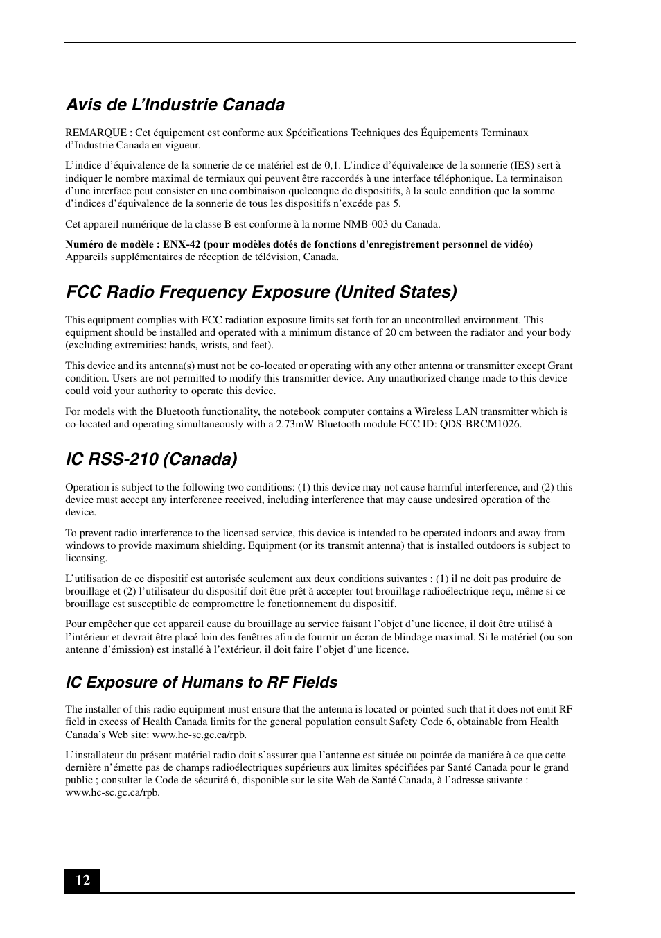 Avis de l’industrie canada, Fcc radio frequency exposure (united states), Ic rss-210 (canada) | Ic exposure of humans to rf fields | Sony VGN-AR670N User Manual | Page 12 / 24