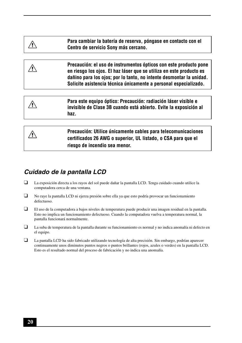 Cuidado de la pantalla lcd | Sony VGN-AR670N User Manual | Page 20 / 24