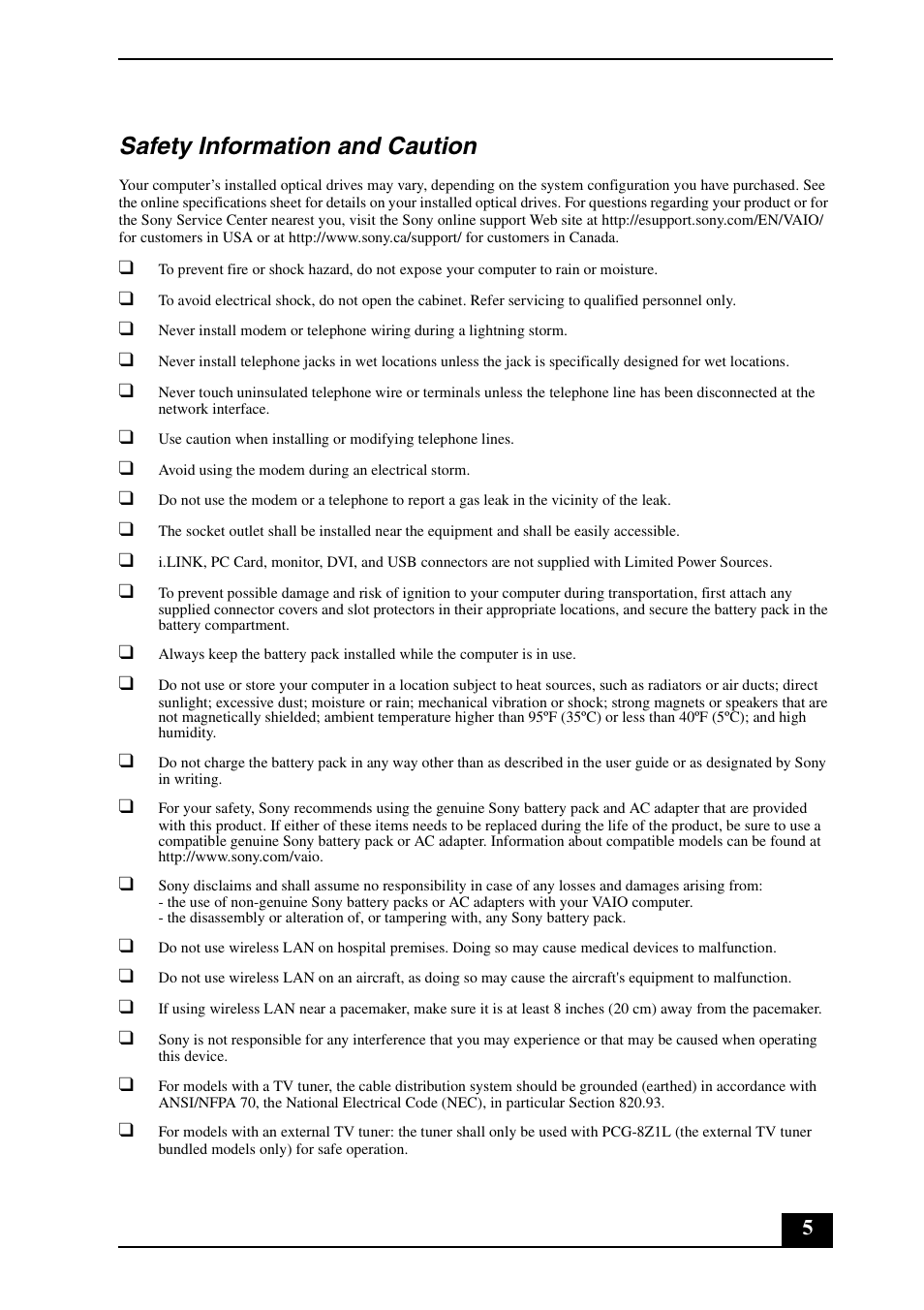 Safety information and caution | Sony VGN-AR670N User Manual | Page 5 / 24