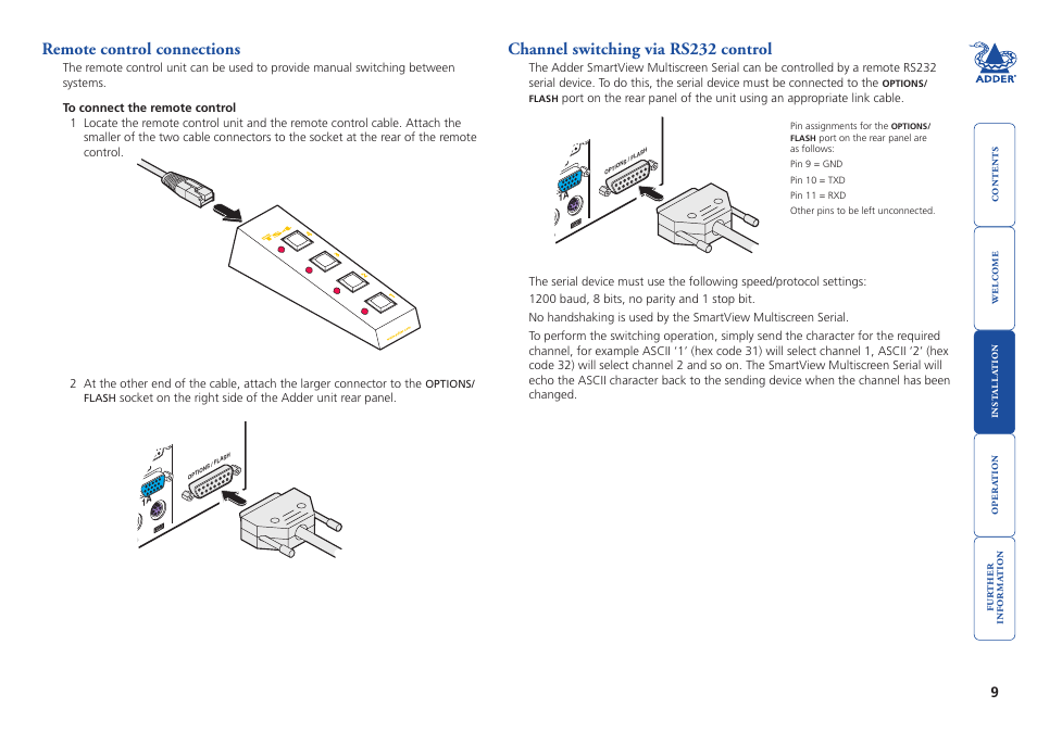 Remote control connections, Channel switching via rs232 control | Adder Technology SmartView User Manual | Page 10 / 22