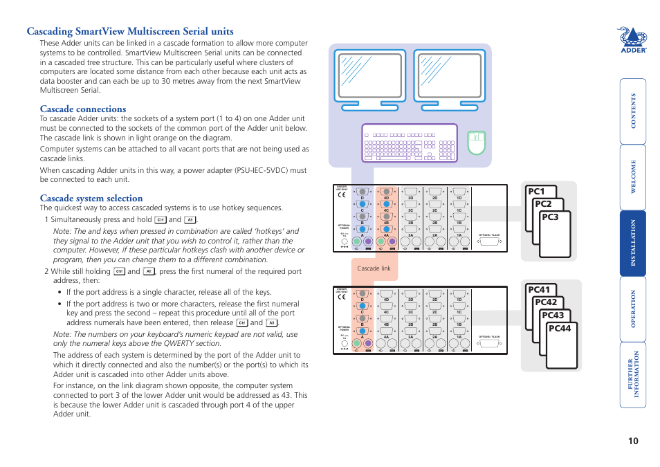 Cascading smartview multiscreen serial units, Cascade connections, Cascade system selection | Cascading.smartview.multiscreen.serial.units, Cascade.connections cascade.system.selection | Adder Technology SmartView User Manual | Page 11 / 22