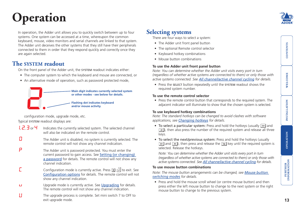 Operation, The system readout, Selecting systems | The.system.readout selecting.systems, Readout | Adder Technology SmartView User Manual | Page 14 / 22