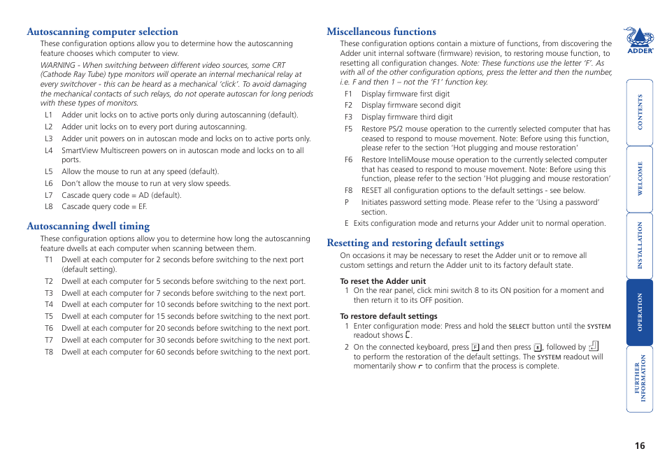 Autoscanning computer selection, Autoscanning dwell timing, Miscellaneous functions | Resetting and restoring default settings | Adder Technology SmartView User Manual | Page 17 / 22