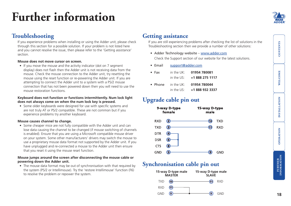 Further information, Troubleshooting, Getting assistance | Upgrade cable pin out, Synchronisation cable pin out, Eated using the, Pin-out | Adder Technology SmartView User Manual | Page 19 / 22