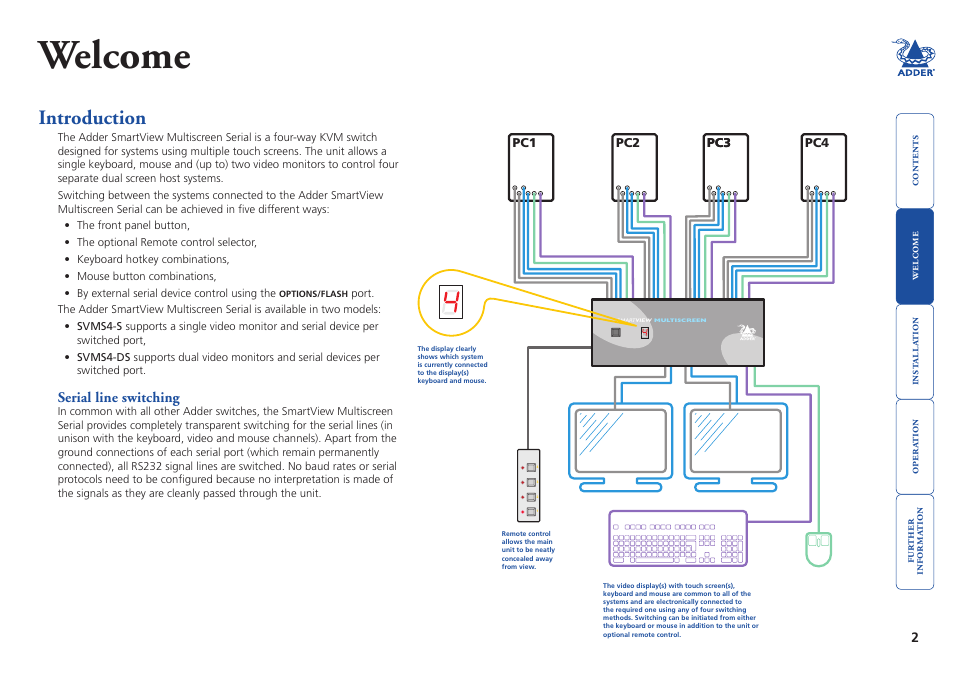 Welcome, Introduction, Serial line switching | Serial.line.switching | Adder Technology SmartView User Manual | Page 3 / 22