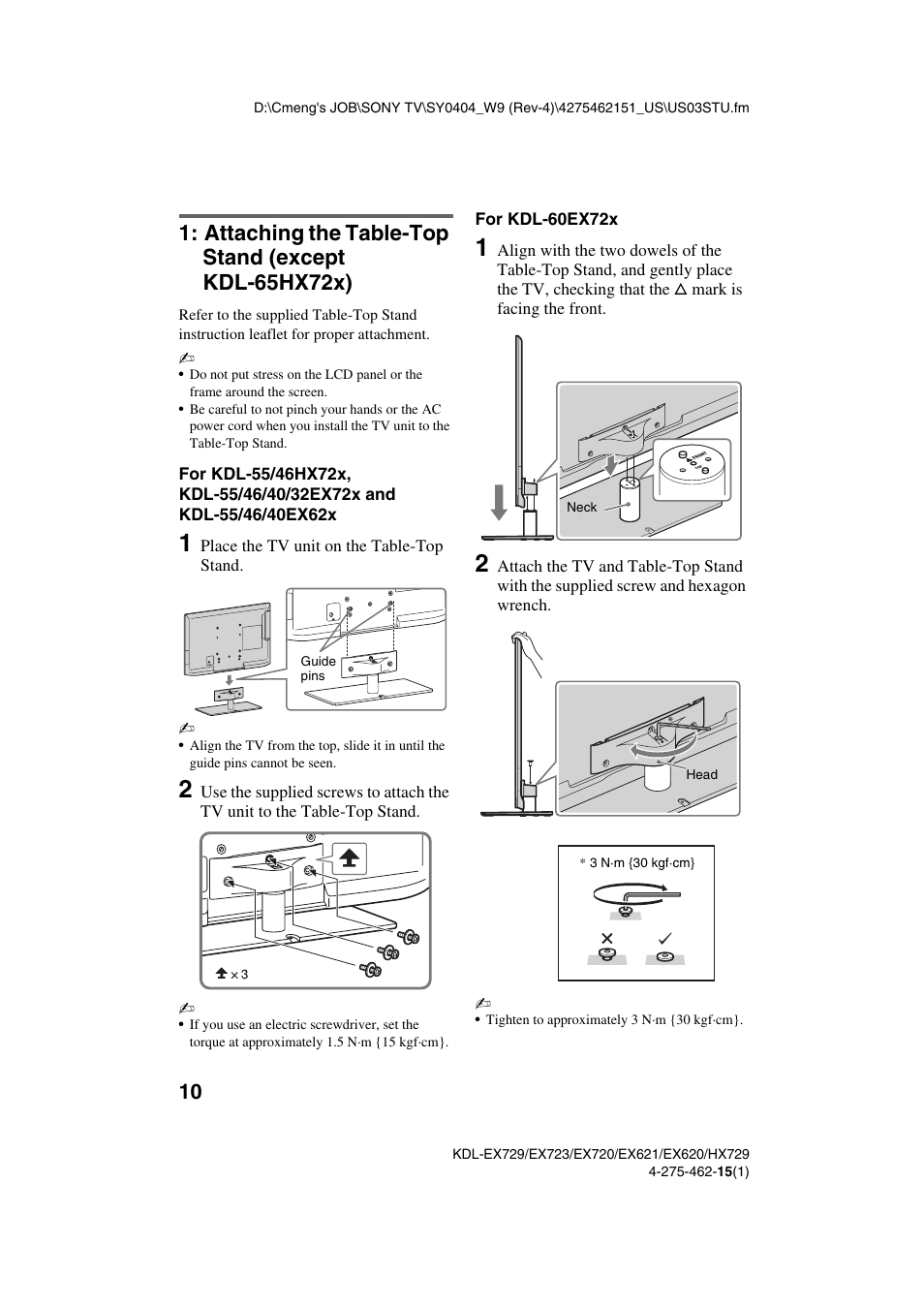 Attaching the table-top stand (except kdl-65hx72x) | Sony KDL-46EX621 User Manual | Page 10 / 36