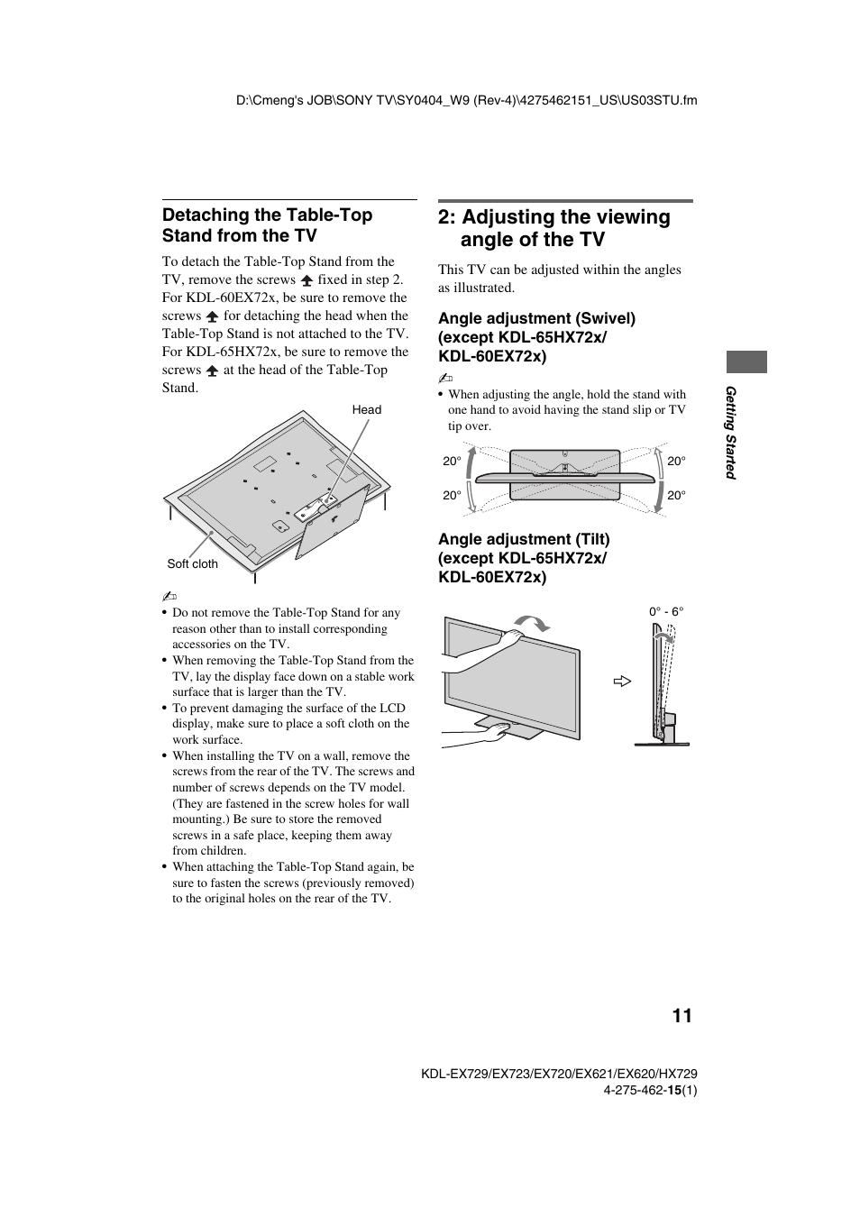 Adjusting the viewing angle of the tv, Detaching the table-top stand from the tv | Sony KDL-46EX621 User Manual | Page 11 / 36