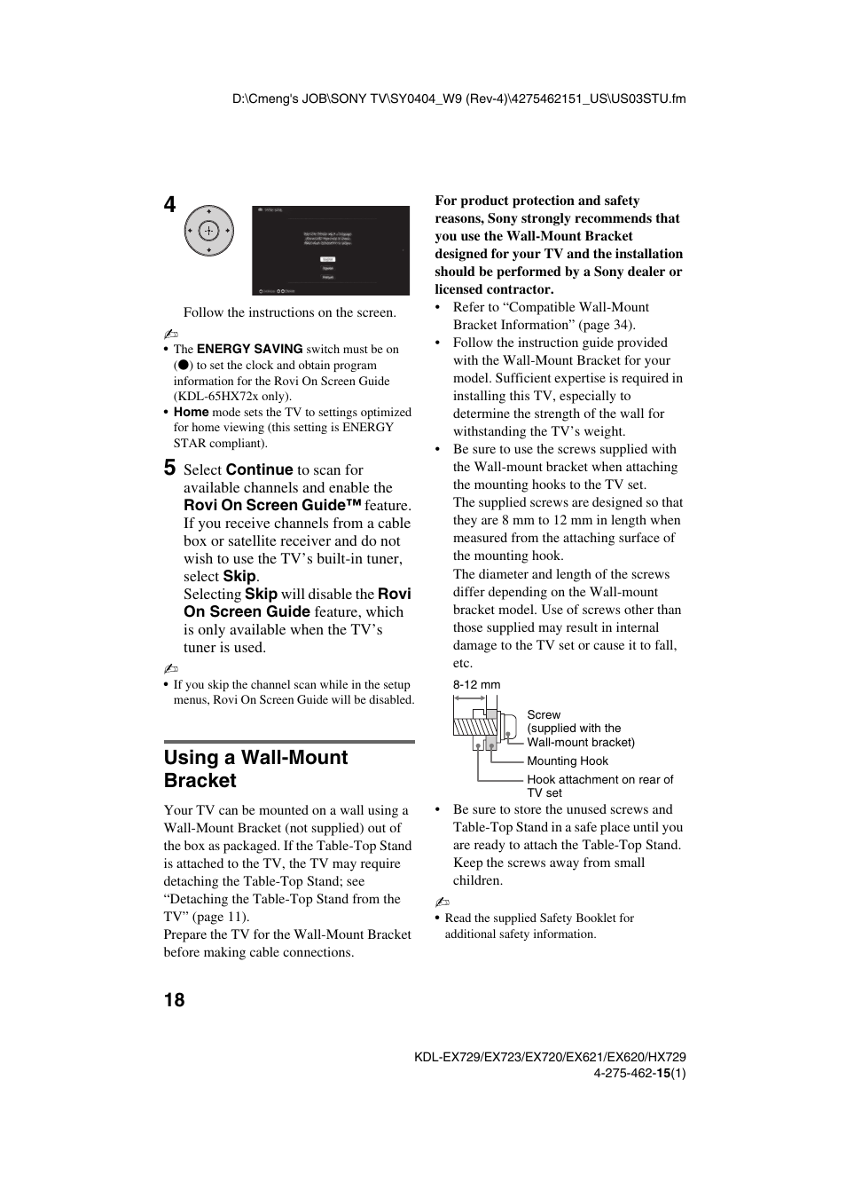 Using a wall-mount bracket | Sony KDL-46EX621 User Manual | Page 18 / 36