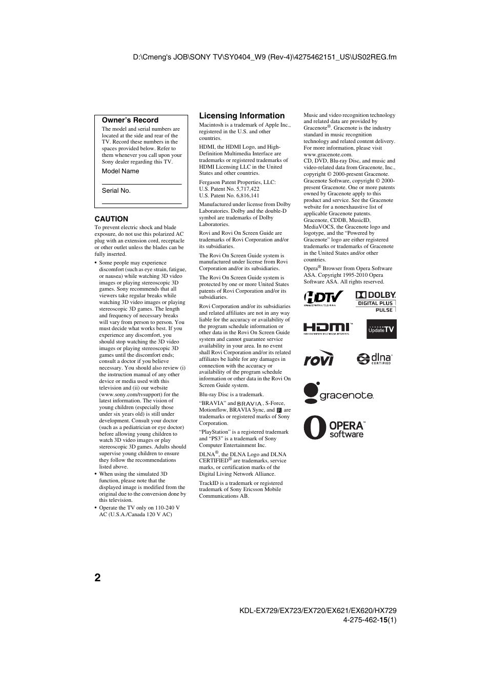 Licensing information | Sony KDL-46EX621 User Manual | Page 2 / 36