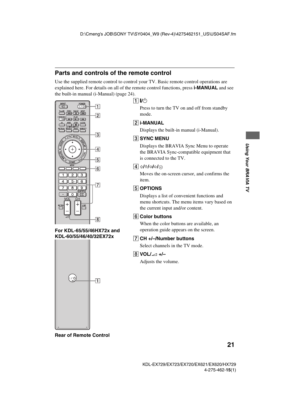 Parts and controls of the remote control | Sony KDL-46EX621 User Manual | Page 21 / 36
