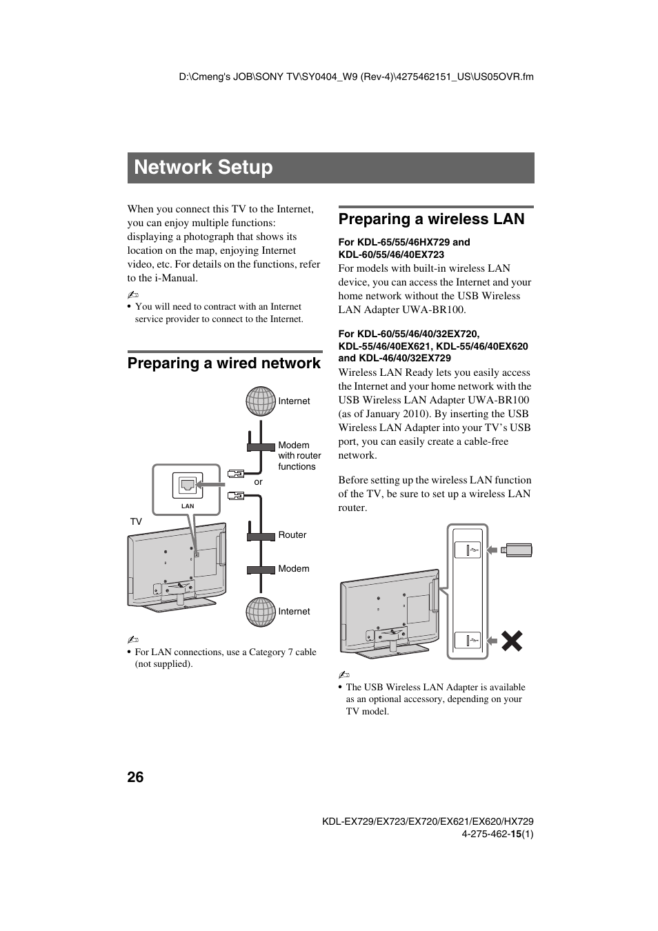 Network setup, Preparing a wired network, Preparing a wireless lan | Preparing a wired network preparing a wireless lan | Sony KDL-46EX621 User Manual | Page 26 / 36