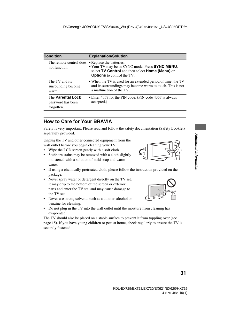 How to care for your bravia | Sony KDL-46EX621 User Manual | Page 31 / 36