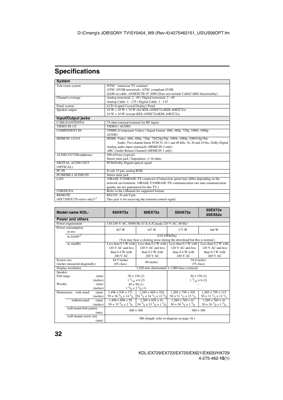 Specifications | Sony KDL-46EX621 User Manual | Page 32 / 36