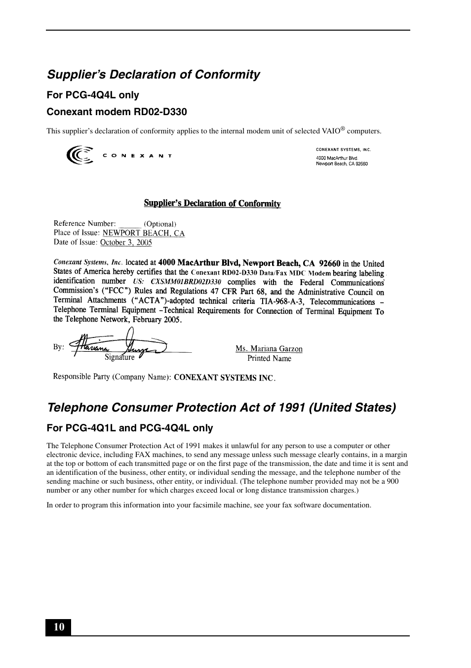 Supplier’s declaration of conformity | Sony VGN-TT130N User Manual | Page 10 / 28