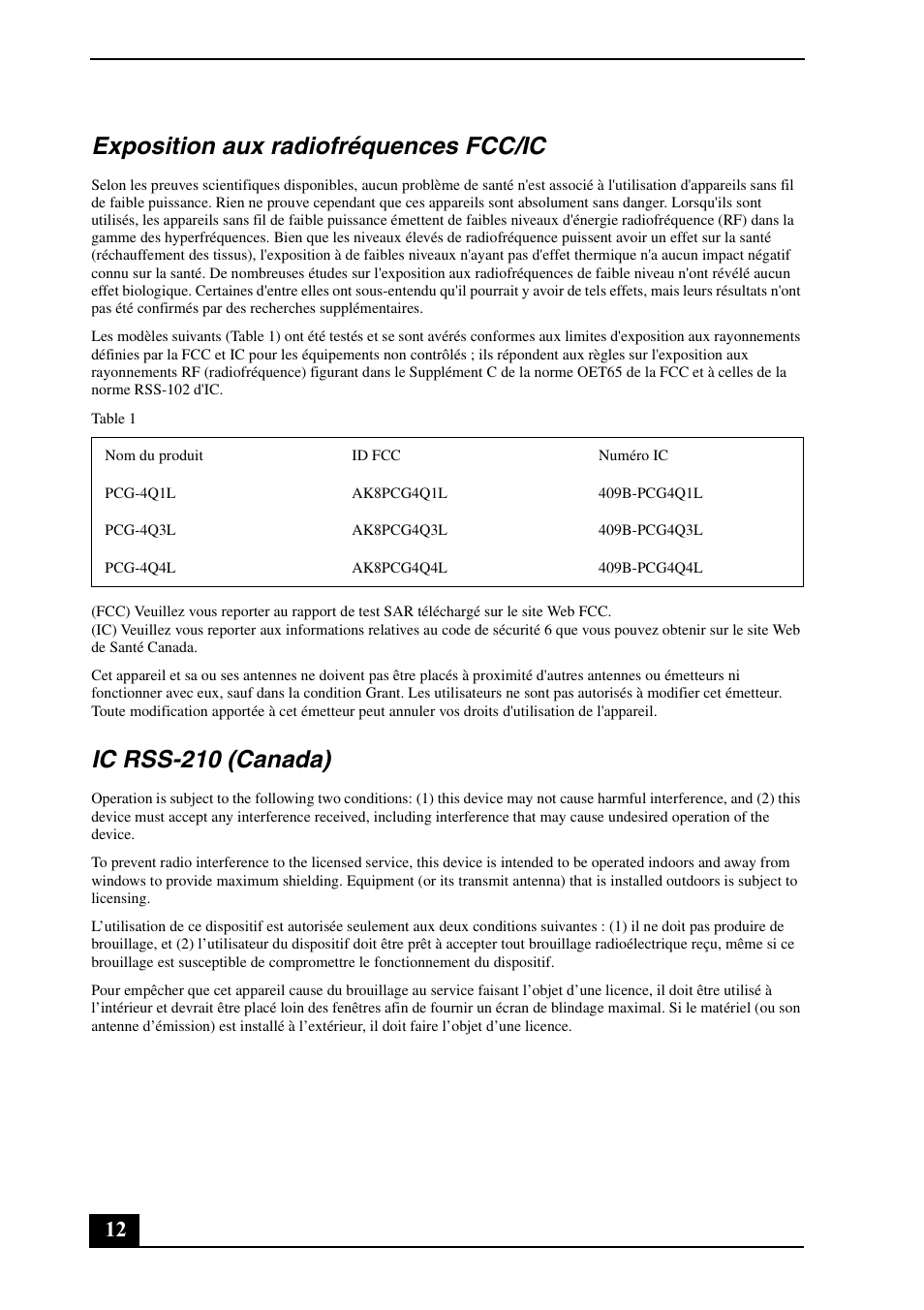 Exposition aux radiofréquences fcc/ic, Ic rss-210 (canada) | Sony VGN-TT130N User Manual | Page 12 / 28