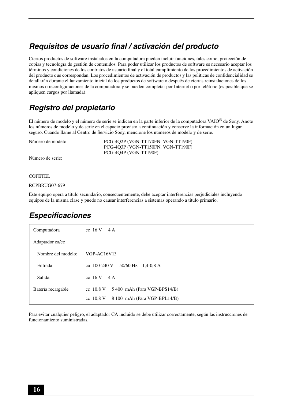 Registro del propietario, Especificaciones | Sony VGN-TT130N User Manual | Page 16 / 28