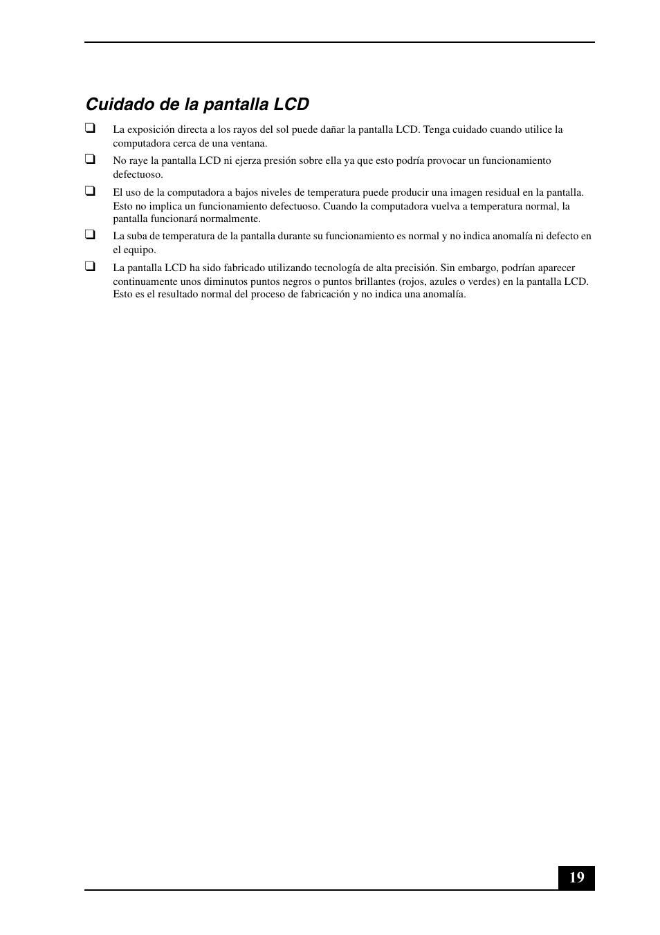 Cuidado de la pantalla lcd | Sony VGN-TT130N User Manual | Page 19 / 28