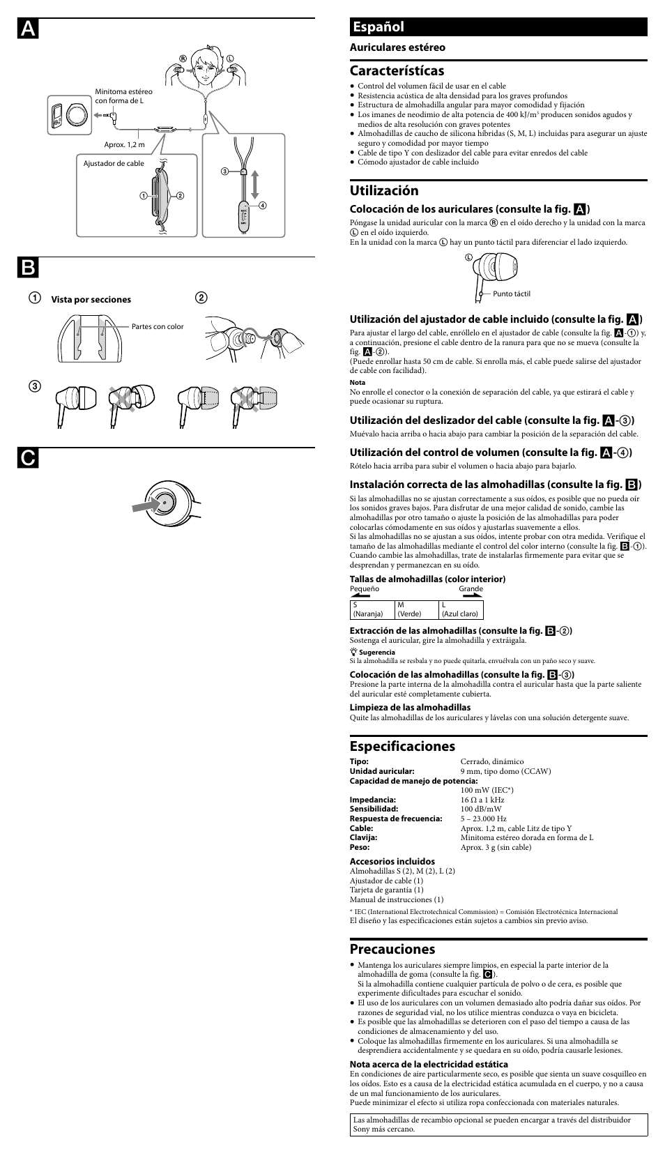 Español, Característícas, Utilización | Especificaciones, Precauciones | Sony MDR-EX58V User Manual | Page 2 / 2